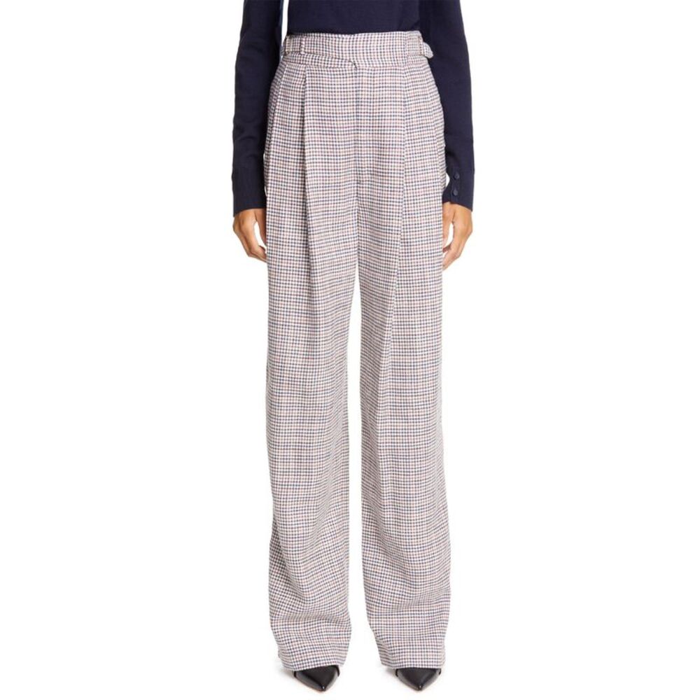 Adam Lippes Womens Wide Leg Cummerband Waist Pants 2 Plum/ Navy Check  NWT $1290